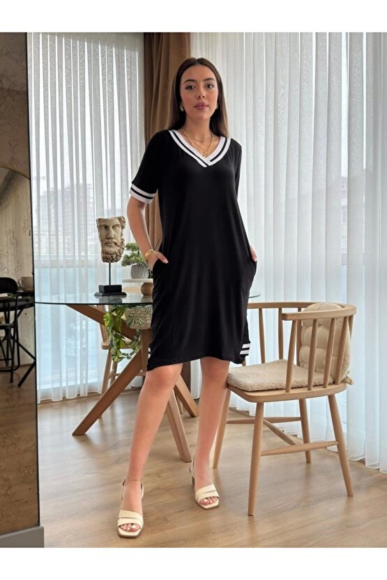 Kadın Kısa Kollu V Yaka Ribana Detaylı Cepli Dizüstü Viskon Elbise