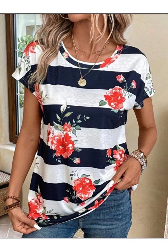 Moda Shop & Butik Kadın Çiçek Desenli Yatay Şeritli Bisiklet Yaka Tişört