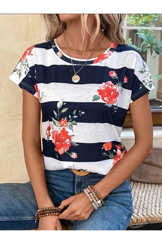 Moda Shop & Butik Kadın Çiçek Desenli Yatay Şeritli Bisiklet Yaka Tişört