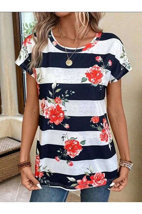 Moda Shop & Butik Kadın Çiçek Desenli Yatay Şeritli Bisiklet Yaka Tişört