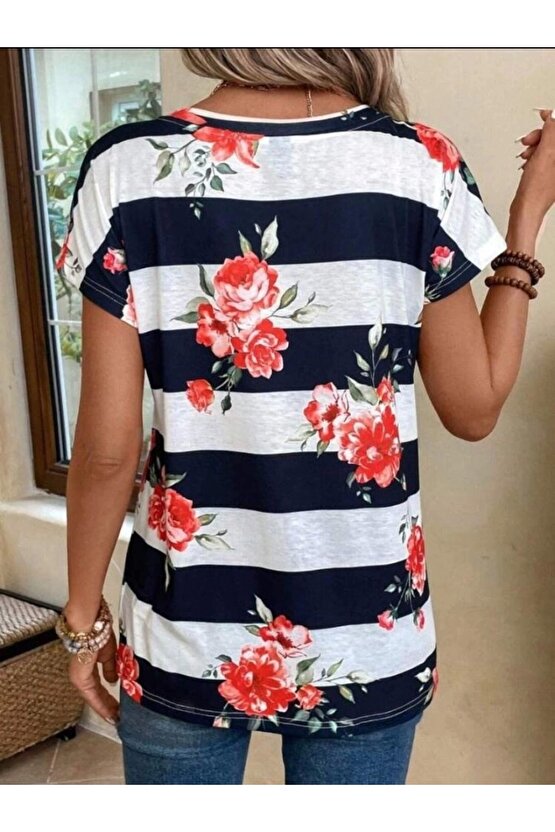 Moda Shop & Butik Kadın Çiçek Desenli Yatay Şeritli Bisiklet Yaka Tişört