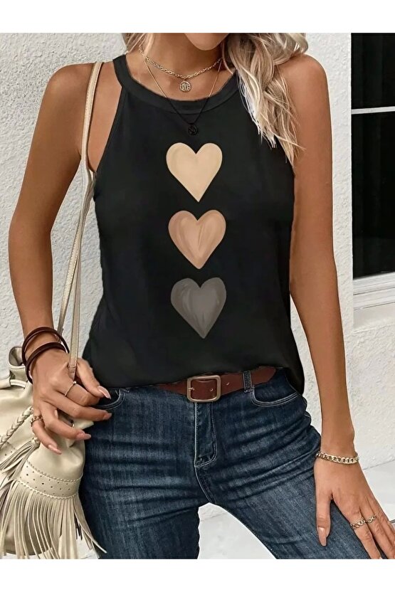 Moda Shop & Butik Kadın Omuzlardan Açık Boyundan Askılı Kalp Baskılı Viskon Bluz