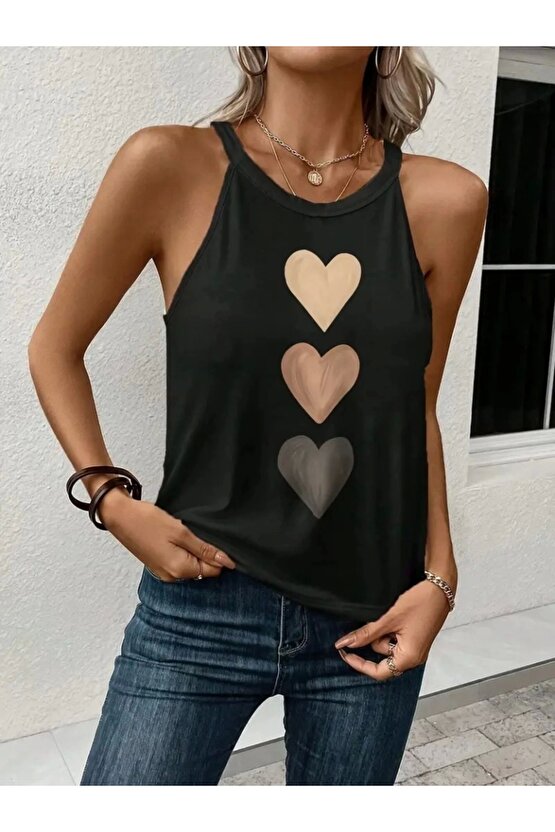 Moda Shop & Butik Kadın Omuzlardan Açık Boyundan Askılı Kalp Baskılı Viskon Bluz