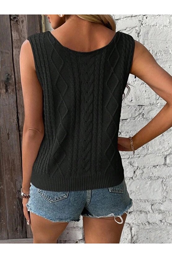 Kadın Askılı V Yaka örme Detay Triko Bluz