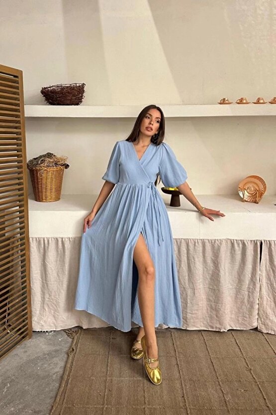 Modavera Bebe Mavi Müslin Uzun Elbise