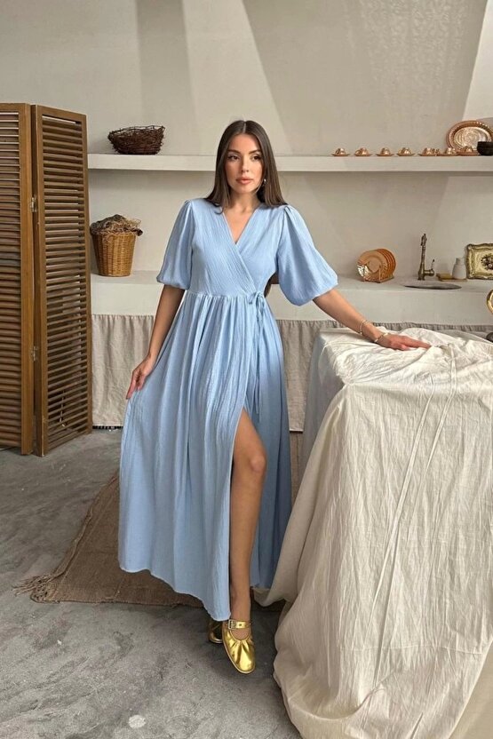 Modavera Bebe Mavi Müslin Uzun Elbise