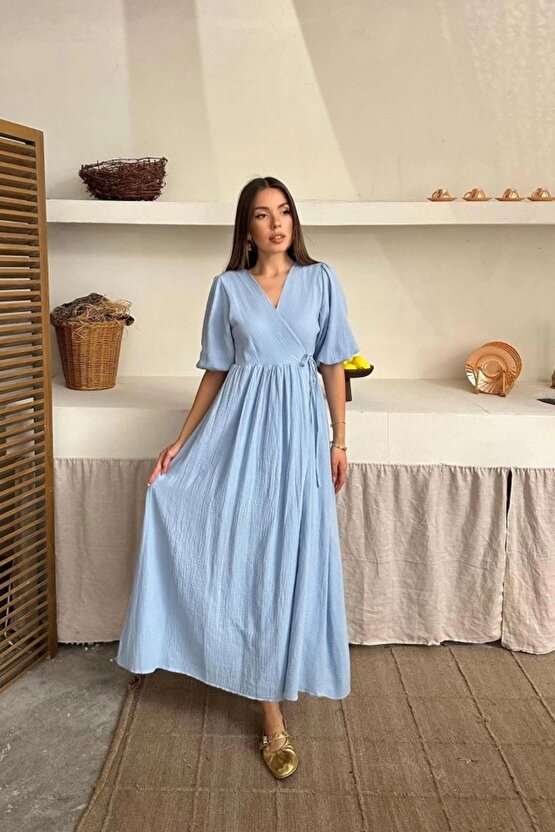 Modavera Bebe Mavi Müslin Uzun Elbise