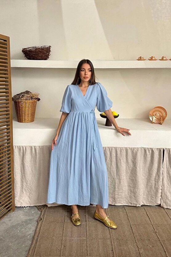 Modavera Bebe Mavi Müslin Uzun Elbise