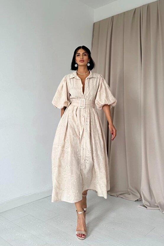 Myterrax Bej Pileli Balkon Elbise