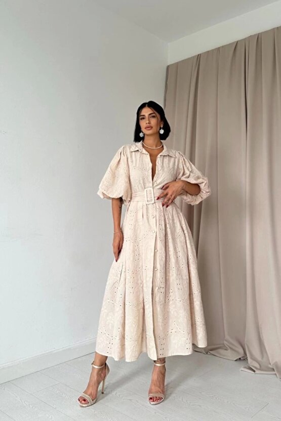 Myterrax Bej Pileli Balkon Elbise