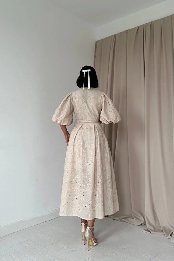 Myterrax Bej Pileli Balkon Elbise