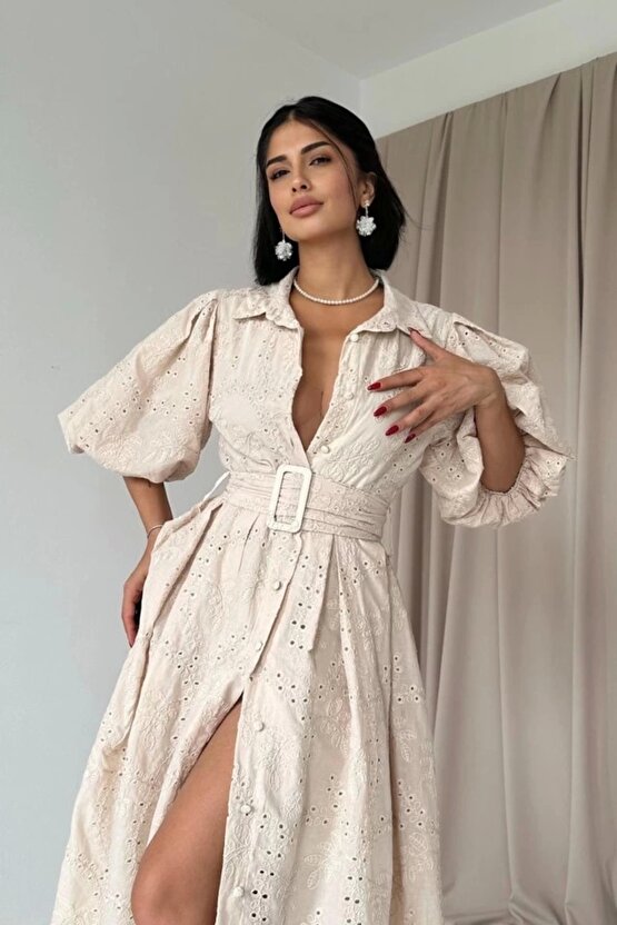 Myterrax Bej Pileli Balkon Elbise