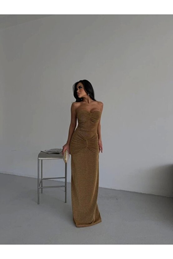 Straplez Simli Uzun Elbise