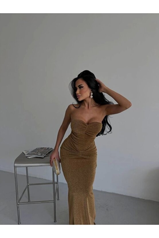 Straplez Simli Uzun Elbise