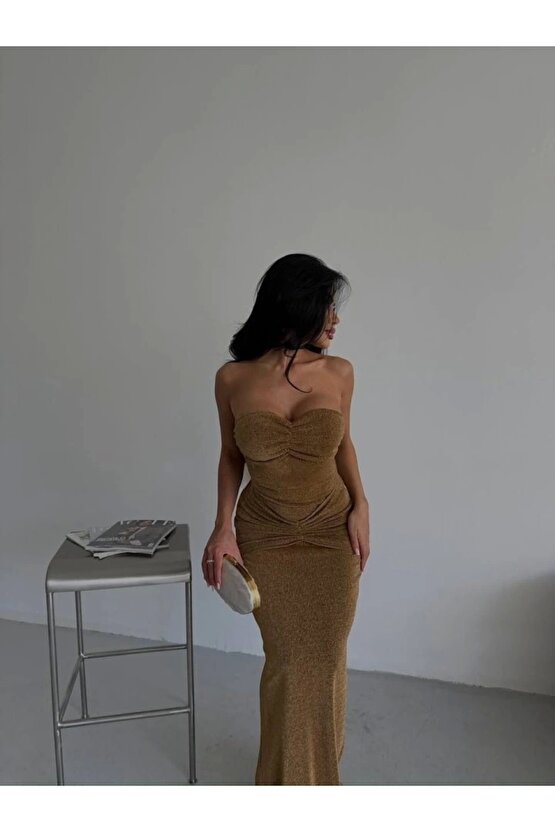 Straplez Simli Uzun Elbise