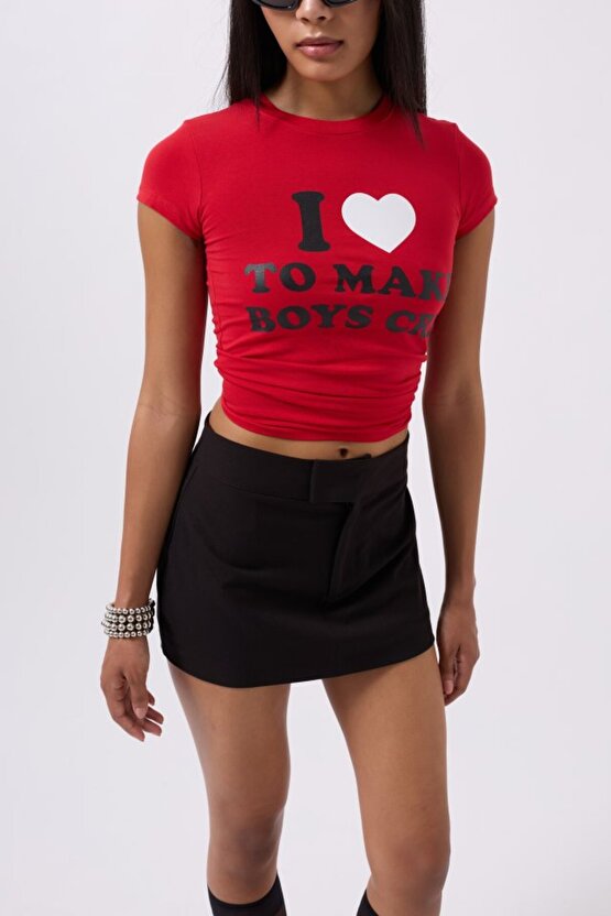 Gelirr Nakış Detay Baskılı Crop T-shirt