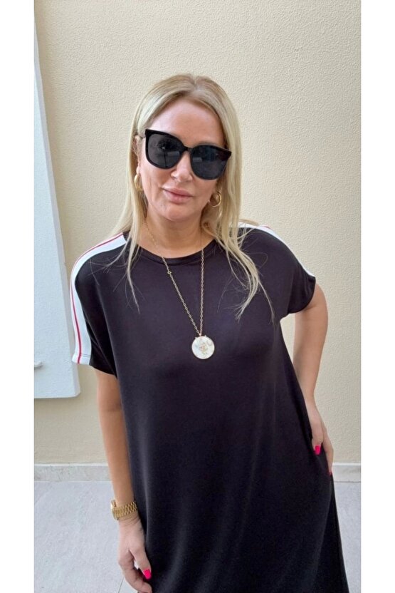 Gelirr Kadın Kısa Kollu Şerit Detay Midi Boy Elbise