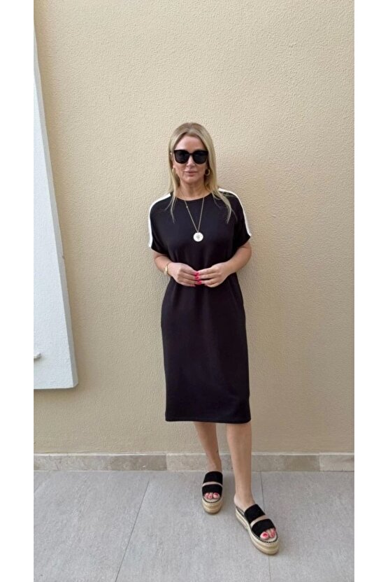 Gelirr Kadın Kısa Kollu Şerit Detay Midi Boy Elbise