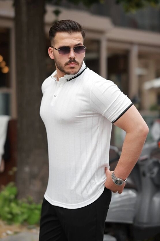 Moda Shop & Butik Erkek Düğme Yakalı Jakar Kumaş Kısa Kollu Tişört