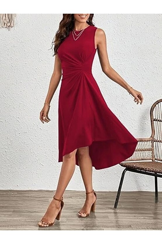 Kadın Sıfır Kollu Bisiklet Yaka Büzgülü Asimetrik Kesim Detaylı Janjan Krep Elbise