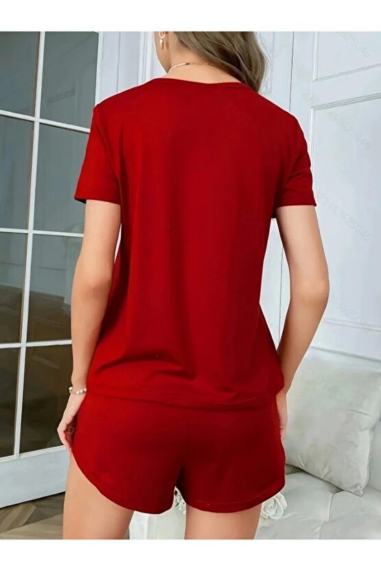 Kadın Kısa Kollu Bisiklet Yaka Baskılı Viskon Bluz Ve şort Ikili Takım - 2XL-3XL - Kırmızı