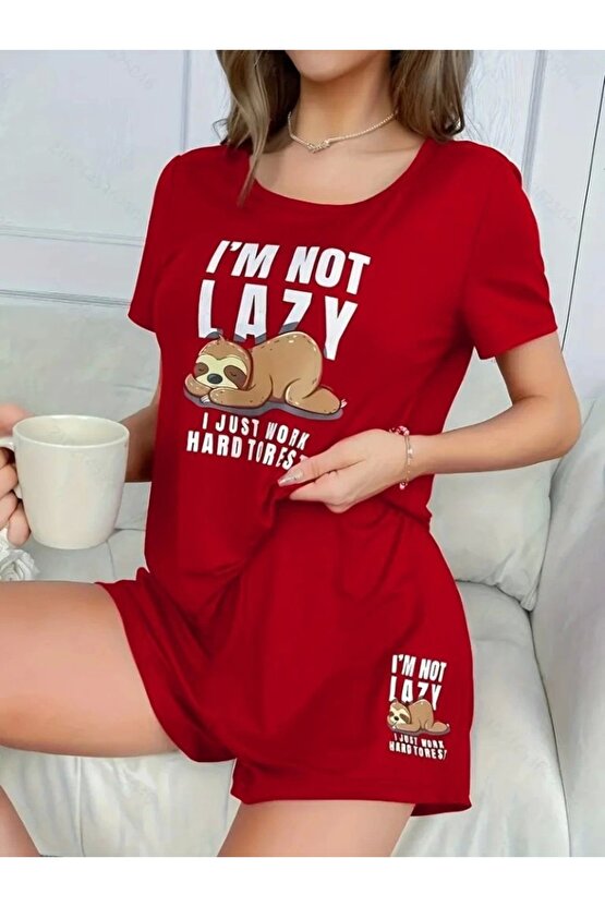 Kadın Kısa Kollu Bisiklet Yaka Baskılı Viskon Bluz Ve şort Ikili Takım - 2XL-3XL - Kırmızı