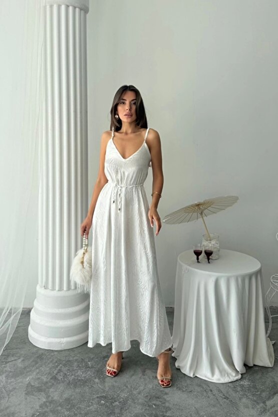 Moda Shop & Jakar Saten Degaje Askılı Elbise Ip Kemerli - Beyaz