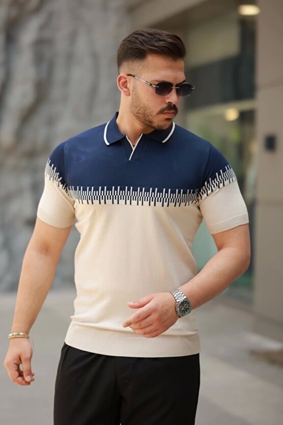 Mottisfashion Erkek Hemşire Yaka Çift Renk Kısa Kollu Tişört