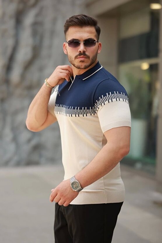 Mottisfashion Erkek Hemşire Yaka Çift Renk Kısa Kollu Tişört