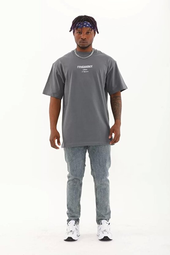 Unisex Oversize Baskılı Bisiklet Yaka T-Shirt - Füme