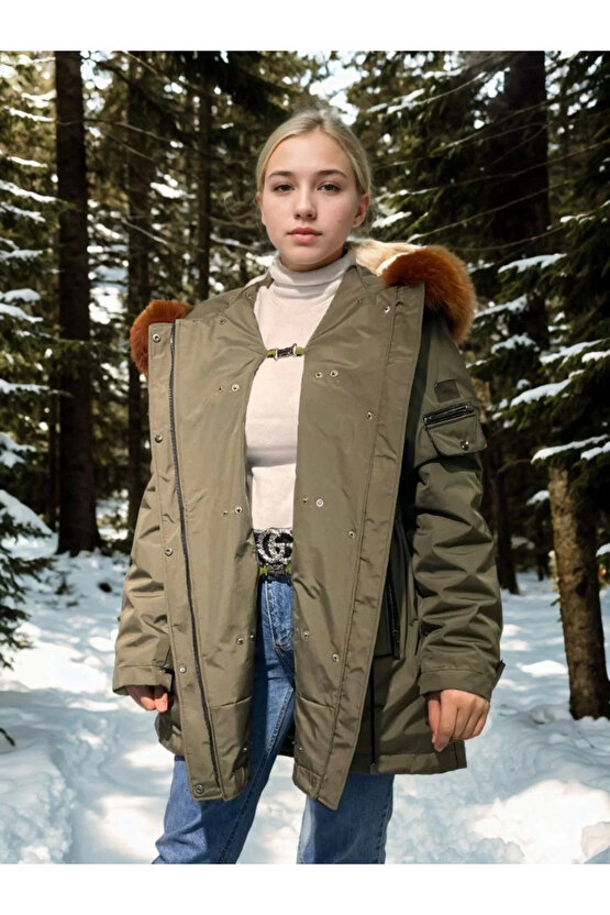 Kadın Su Geçirmez Kapüşonlu Mont - Haki