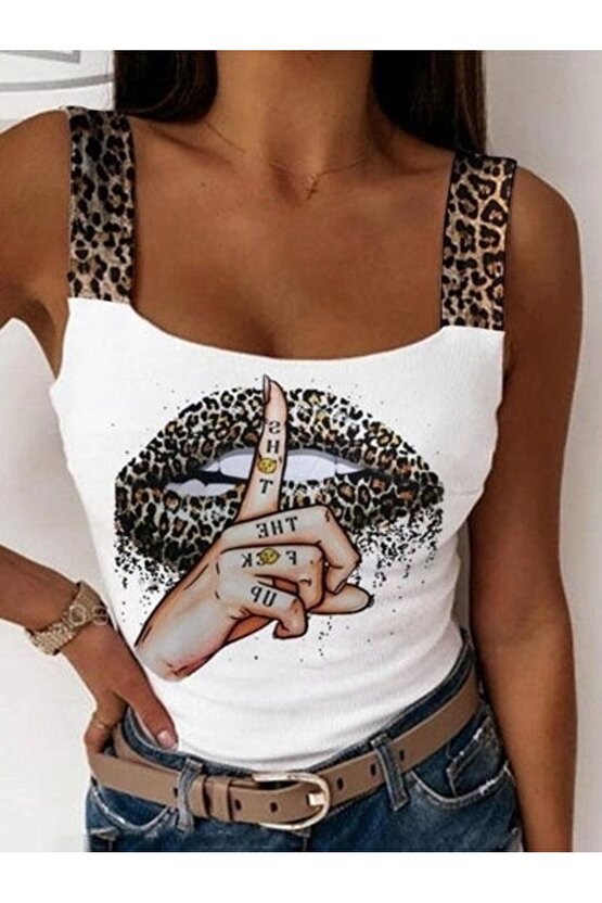 Kadın Leopar Askılı Leopar Baskılı Mikro Kumaş Bluz