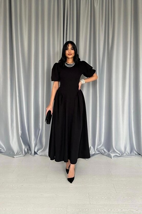 Myterrax Siyah Etek Yanları Büzgülü Balon Kollu Elbise