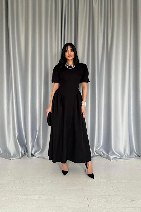 Myterrax Siyah Etek Yanları Büzgülü Balon Kollu Elbise