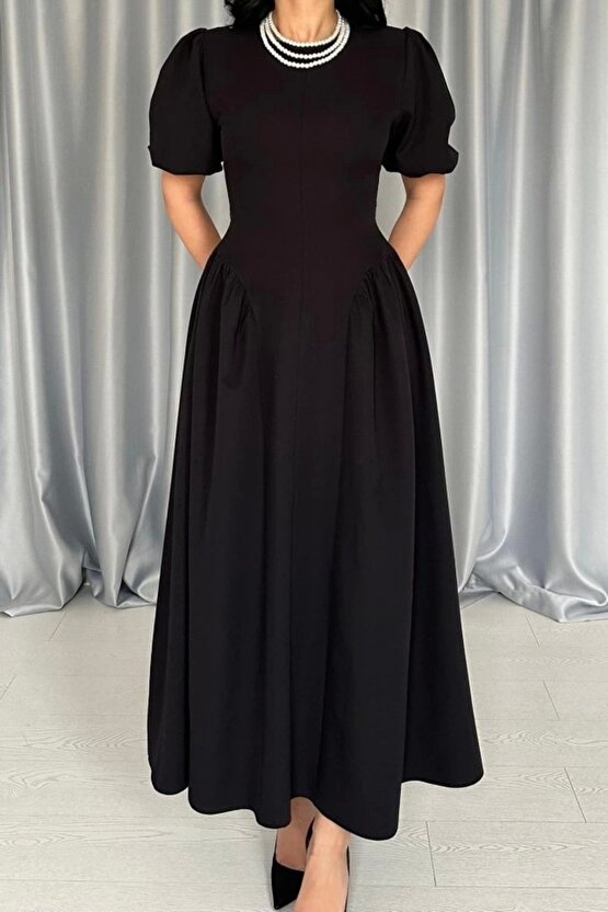 Myterrax Siyah Etek Yanları Büzgülü Balon Kollu Elbise