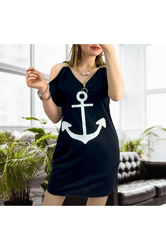 Gelirr Fermuar Detay Çıpa Baskılı Zincir Askılı Viskon Elbise