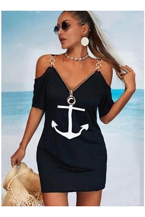 Gelirr Fermuar Detay Çıpa Baskılı Zincir Askılı Viskon Elbise