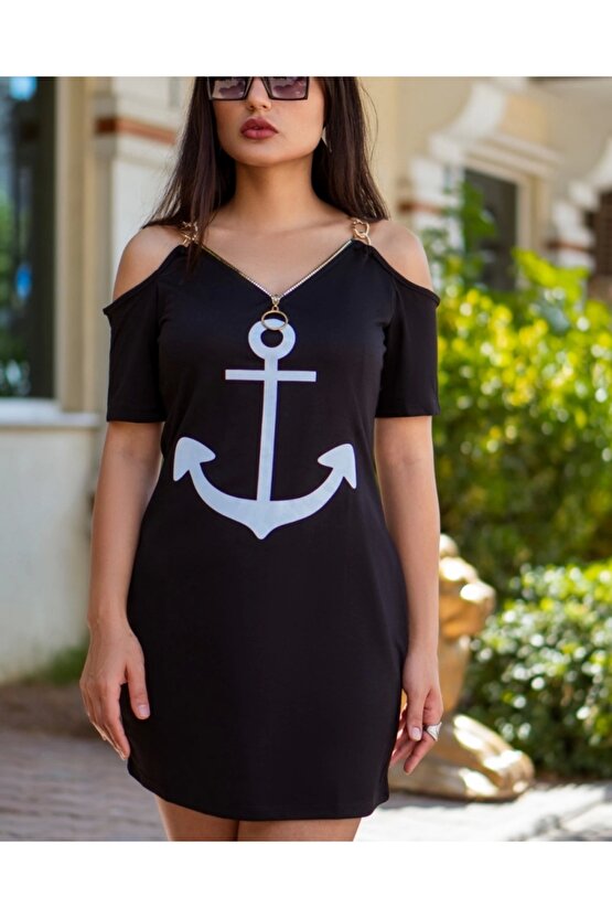 Gelirr Fermuar Detay Çıpa Baskılı Zincir Askılı Viskon Elbise