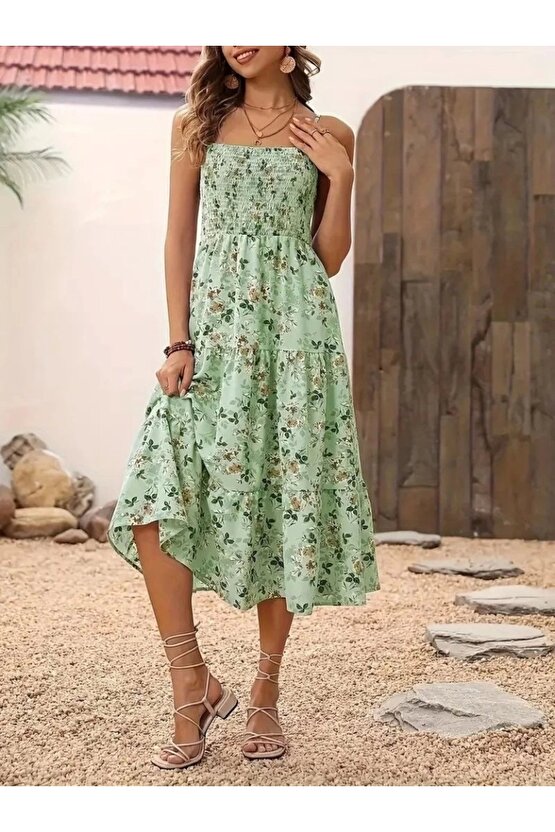 Kadın Ip Askılı Geniş V Yakalı Desenli Uzun Süprem Elbise