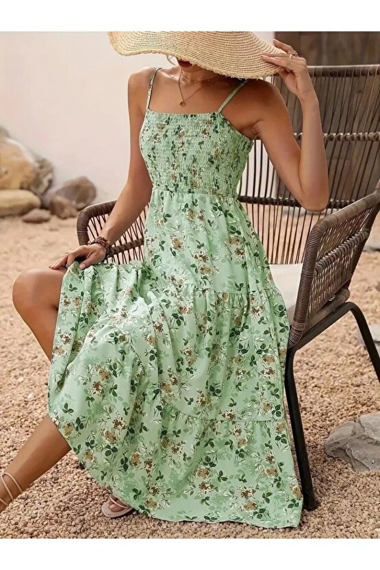 Kadın Ip Askılı Geniş V Yakalı Desenli Uzun Süprem Elbise