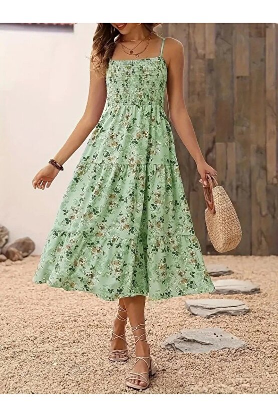 Kadın Ip Askılı Geniş V Yakalı Desenli Uzun Süprem Elbise