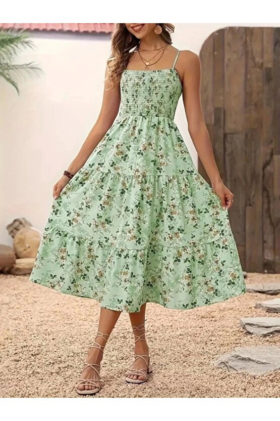 Kadın Ip Askılı Geniş V Yakalı Desenli Uzun Süprem Elbise