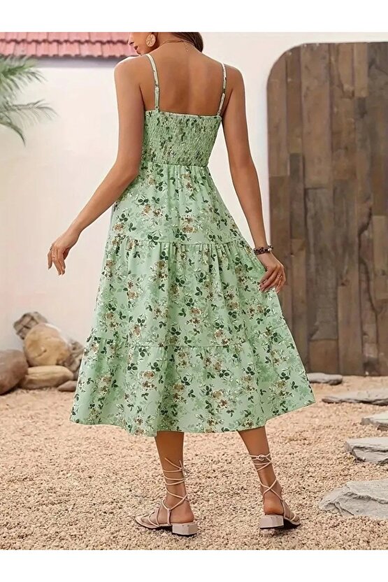 Kadın Ip Askılı Geniş V Yakalı Desenli Uzun Süprem Elbise