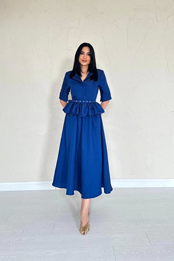 Modavera Lacivert Ince Kemerli Fırfırlı Ceket Ve Büzgülü Etek Takım