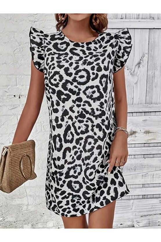 Kadın Kısa Kollu Kolları Fırfır Detay Arkası Bağlamalı Leopar Desen Kolsuz Mini Mikro Elbise