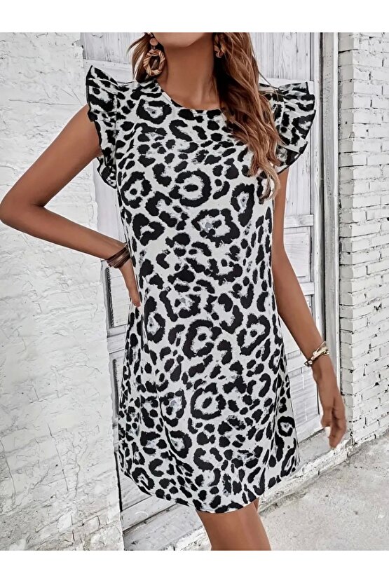 Kadın Kısa Kollu Kolları Fırfır Detay Arkası Bağlamalı Leopar Desen Kolsuz Mini Mikro Elbise