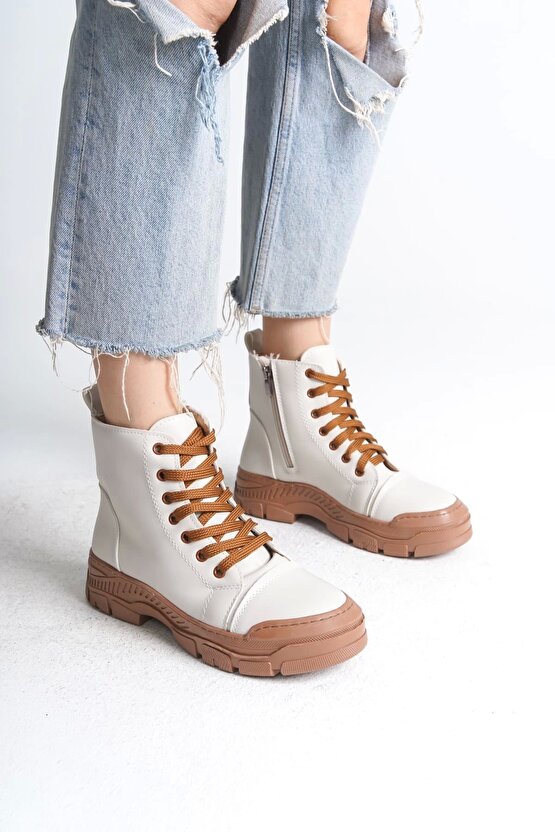 Bloom Bağcıklı Fermuarlı Ortopedik Tabankadın Bot Ctt - Krem