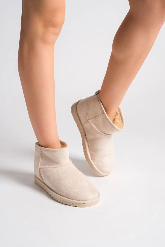 Jolıe Bağcıksız Düz Taban Içi Kürklü Kısa Süet Kadın Bot Skt - Krem