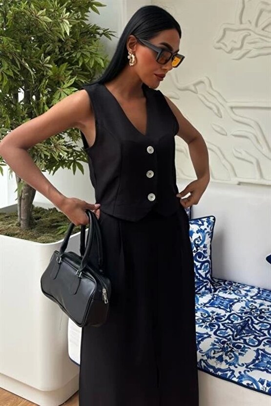 Etek Yırtmaçlı Yelekli Keten Takım 10131