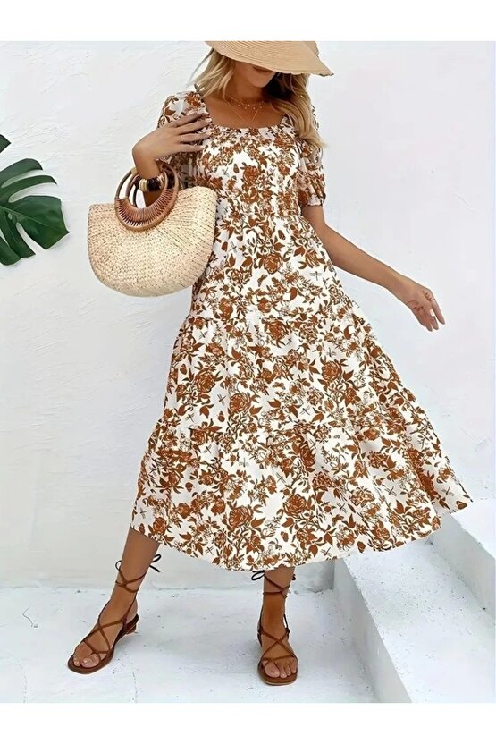 Kadın Kısa Kollu Kare Yakalı Lastikli Desenli Süprem Elbise